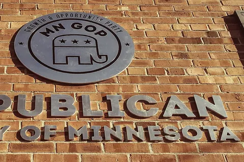 Signage for the Republican Party of Minnesota (MN GOP) offices on Franklin Avenue in Seward, Minneapolis, Minnesota.