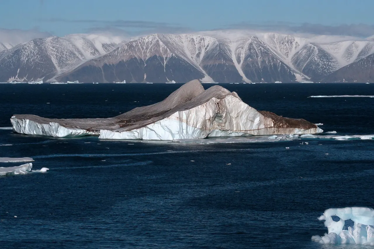 Icebergs in the High Arctic .The image was sent to a glaciologist , Thomas Allen Neumann. It is what he wrote about the coloration of the iceberg: It's too red to be oxidation (like blood falls in Taylor Valley ).The debris loading isn't particularly extensive (the apparent slip plane is interesting, or perhaps a former water channel), but the color is usual. Red algae would be a good guess.Two colleagues have also seen your photo and suggested the majority of the debris was from, ah, biological activity. Specifically, they suggested the reddish appearance may be due to walrus excrement - another example is here ( [1] ). That would explain the color, but perhaps not the discoloration along the band through the ice berg. The part of his email to me was added with his permission.