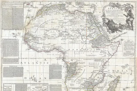This is probably the most important map of Africa produced in the 18th century. Largely based upon the earlier D’Anville map, this map has been enlarged and expanded by Samuel Boulton. Depicts the continent in full with insets of the Gold Coast (or Ivory Coast , or Guinea ). This map is unique in that it is a serious attempt to compile all of the accurate scientific knowledge of the African continent available at the time. In contrast to many other Africa maps of the period there's almost no attempt to fill the “unknown” regions of the interior with fictitious beasts, kingdoms, and geological features. Boulton himself advertises “The inland parts of Africa being but very little known and the names of the regions and countries which fill that vast tract of land being for the greatest part placed by conjecture it may be judged how absurd are the divisions traced in some maps and why they are not followed in this.“ Despite this, this map actually does provide a wealth of information both in the form of a gazetteer printed in framed text boxes here and there on the map, as well as political and geographical features. This map bears up to almost endless perusal and volumes could be composed on its content. The cartographer attempts to depict both known and unknown parts of the continent with actual data reported by both contemporary and ancient travelers. In most cases it is extremely difficult to identify specific sources as much of the data is vague and uncertain. Boulton for example notes a community of Jews near what would today be Mali . Though a very small community of Jewish traders did live in Mali in the 15th century, most had been killed or converted to Islam by the 16th century. No doubt Boulton's sources here were extremely archaic. Boulton also relies heavily on the geography of Claudius Ptolemy , noting this source in numerous notations which range from commentary on local peoples to the courses of important river systems. Clearly much of the map is focused on commerce and where information is available, Boulton makes notes on local commercial products and mineral wealth. There are also copious notations on caravan routes, especially those routes which were known to offer caravan transverse of the Sahara. Generally following Ptolemy, Boulton includes a number of mysterious river systems which seem to appear out of nowhere and run to nowhere. With regard to the White Nile , which he presumes correctly to be greater than the Blue Nile , he follows the ancient two lakes at the base of the Mountains of the Moon theory . In the southern half of Africa there is considerably less information on the interior save for those lands mapped by the Portuguese along the Congo and Zambezi Rivers. The regions around the Zambezi, called Monomotapa , are particularly interesting as many considered this area to be the Biblical land of Ophir , where one could discover the mines of King Solomon . Just north of Monomotapa we find an embryonic representation of Lake Malawi , here called Maravi. In South Africa the Dutch Company is strongly established and the region is well mapped well into the interior.