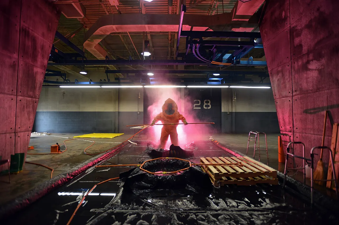 Tech. Sgt. Timothy Cotterall, an Air National Guard emergency manager, is decontaminated following attempts to identify multiple biological contaminants in a simulated lab during a Global Dragon training event on March 18, 2015. Held at the Guardian Centers of Georgia, Global Dragon Deployment For Training provides a refresher course for Airmen, allowing them to put their skills to use to identify live chemical, biological, radiological and nuclear agents and materials. Air National Guard emergency management technicians from more than 20 individual units participated in Global Dragon. Cotterall is a member of the 137th Air Refueling Wing in New Jersey. (New York Air National Guard / Staff Sgt. Christopher S. Muncy / released)