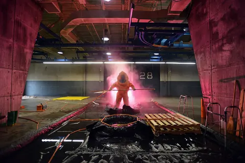 Tech. Sgt. Timothy Cotterall, an Air National Guard emergency manager, is decontaminated following attempts to identify multiple biological contaminants in a simulated lab during a Global Dragon training event on March 18, 2015. Held at the Guardian Centers of Georgia, Global Dragon Deployment For Training provides a refresher course for Airmen, allowing them to put their skills to use to identify live chemical, biological, radiological and nuclear agents and materials. Air National Guard emergency management technicians from more than 20 individual units participated in Global Dragon. Cotterall is a member of the 137th Air Refueling Wing in New Jersey. (New York Air National Guard / Staff Sgt. Christopher S. Muncy / released)