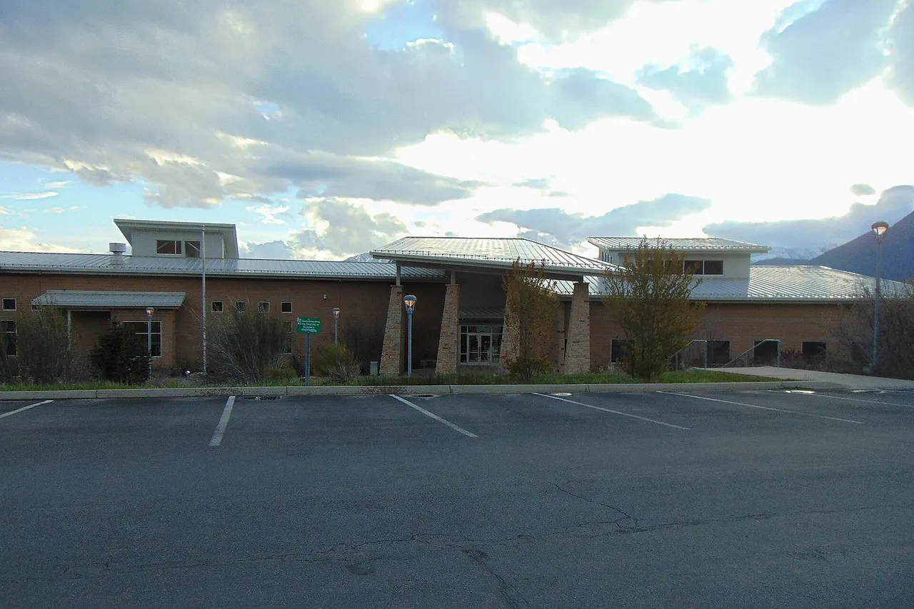 The east side of the Utah Valley University Wasatch Campus building, located just east of U.S. Route 40/U.S. Route 189 in northwestern Wasatch County, Utah, just over 2 miles (3.2 km) north of Heber City, April 2016