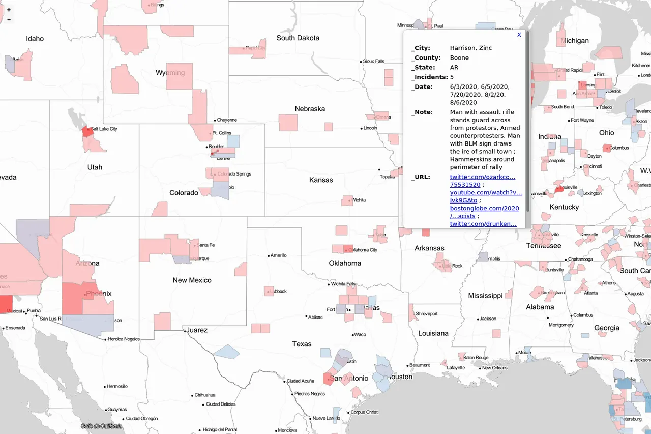 Ross began collecting cases in which far-right actors and vigilantes appeared at demonstrations and similar events starting on May 27, 2020. [ 1 ] Using this data, he developed an interactive map of the United States describing events and metadata such as involved groups. By early September, Ross had accumulated over 500 such incidents. [ 2 ] By mid-October, he had accumulated over 800 incidents. Approximately 90% of the data is sourced from social media and news outlets. The remainder comes from the Armed Conflict Location & Event Data Project (ACLED), a non-partisan, international political violence tracking group. Ross categorizes over 400 of the events as beyond harassment or intimidation. Ross found that, though vigilante-style attacks and threats had fallen since summer, the proportion of gun violence and vehicular attacks increased. Though demonstrations and violence at demonstrations were both decreasing, the severity of attacks was increasing, Ross found. The project has been praised by the research director at ACLED, and Heidi Beirich. [ 1 ]