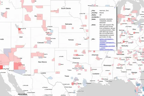 Ross began collecting cases in which far-right actors and vigilantes appeared at demonstrations and similar events starting on May 27, 2020. [ 1 ] Using this data, he developed an interactive map of the United States describing events and metadata such as involved groups. By early September, Ross had accumulated over 500 such incidents. [ 2 ] By mid-October, he had accumulated over 800 incidents. Approximately 90% of the data is sourced from social media and news outlets. The remainder comes from the Armed Conflict Location & Event Data Project (ACLED), a non-partisan, international political violence tracking group. Ross categorizes over 400 of the events as beyond harassment or intimidation. Ross found that, though vigilante-style attacks and threats had fallen since summer, the proportion of gun violence and vehicular attacks increased. Though demonstrations and violence at demonstrations were both decreasing, the severity of attacks was increasing, Ross found. The project has been praised by the research director at ACLED, and Heidi Beirich. [ 1 ]
