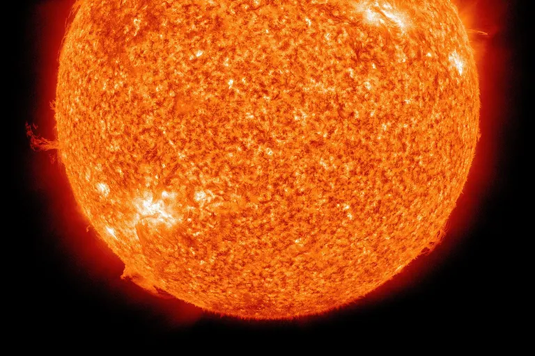 The Sun photographed at 304 angstroms by the Atmospheric Imaging Assembly (AIA 304) of NASA 's Solar Dynamics Observatory (SDO). This is a false-color image of the Sun observed in the extreme ultraviolet region of the spectrum.