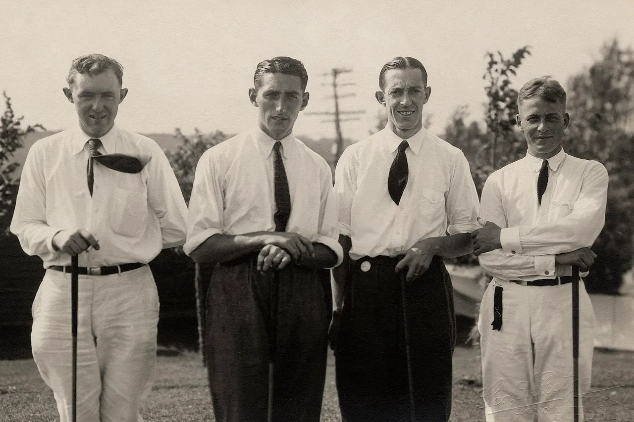 Jesse P. Guilford, Tommy Armour, Francis Ouimet, and Robert T. Jones during the 1921 U.S. Amateur at the St. Louis C.C. in Clayton, Missouri. (Courtesy St. Louis Country Club Archives)