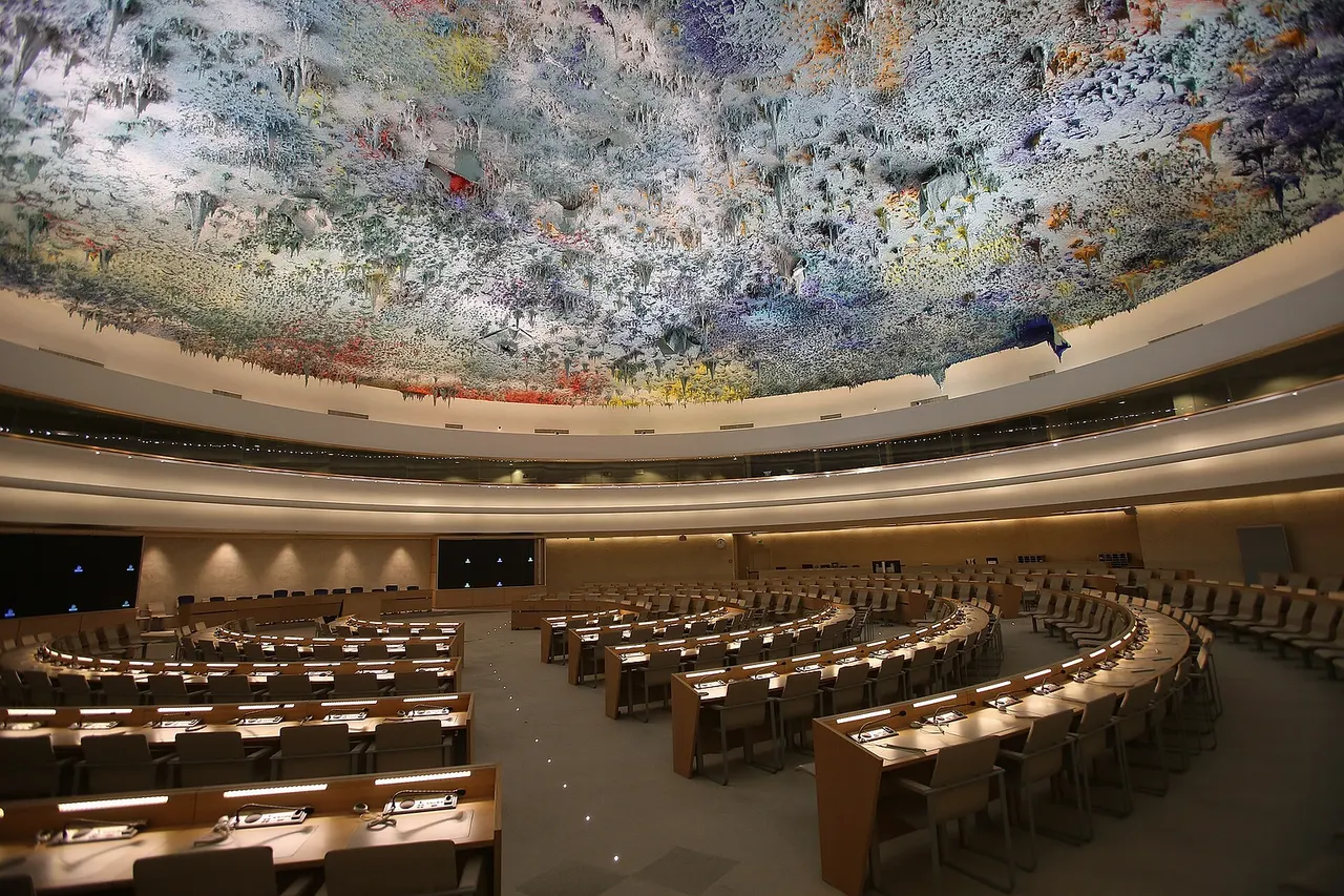 Human Rights and Alliance of Civilizations Room of the Palace of Nations , Geneva (Switzerland). It is the meeting room of the United Nations Human Rights Council .
