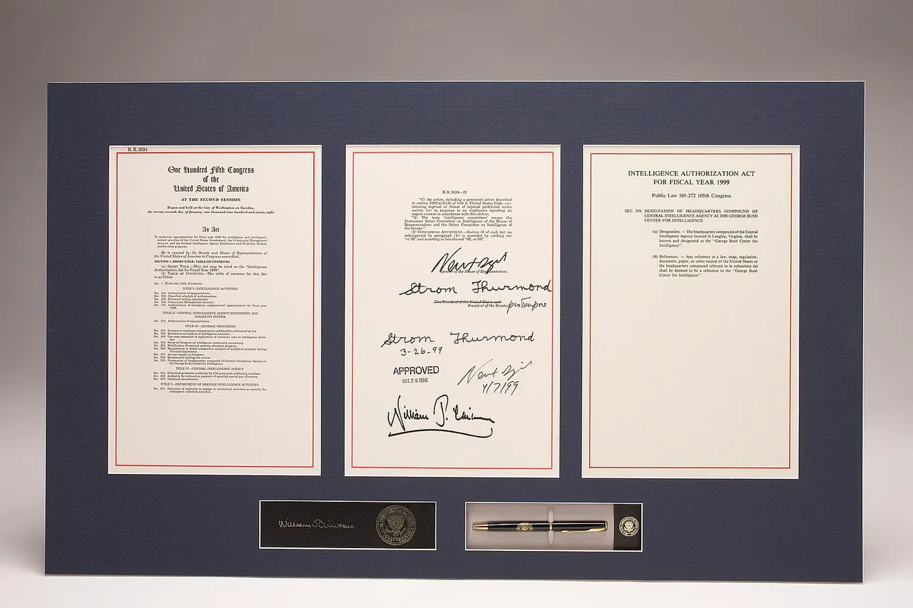 Intelligence Authorization Act for Fiscal Year 1999 specifies that CIA Headquarters compound is to be named after former Director of Central Intelligence and President George H. W. Bush. This is the legislation and the pen President William Clinton used to sign it. For more information on CIA history and this artifact please visit www.cia.gov