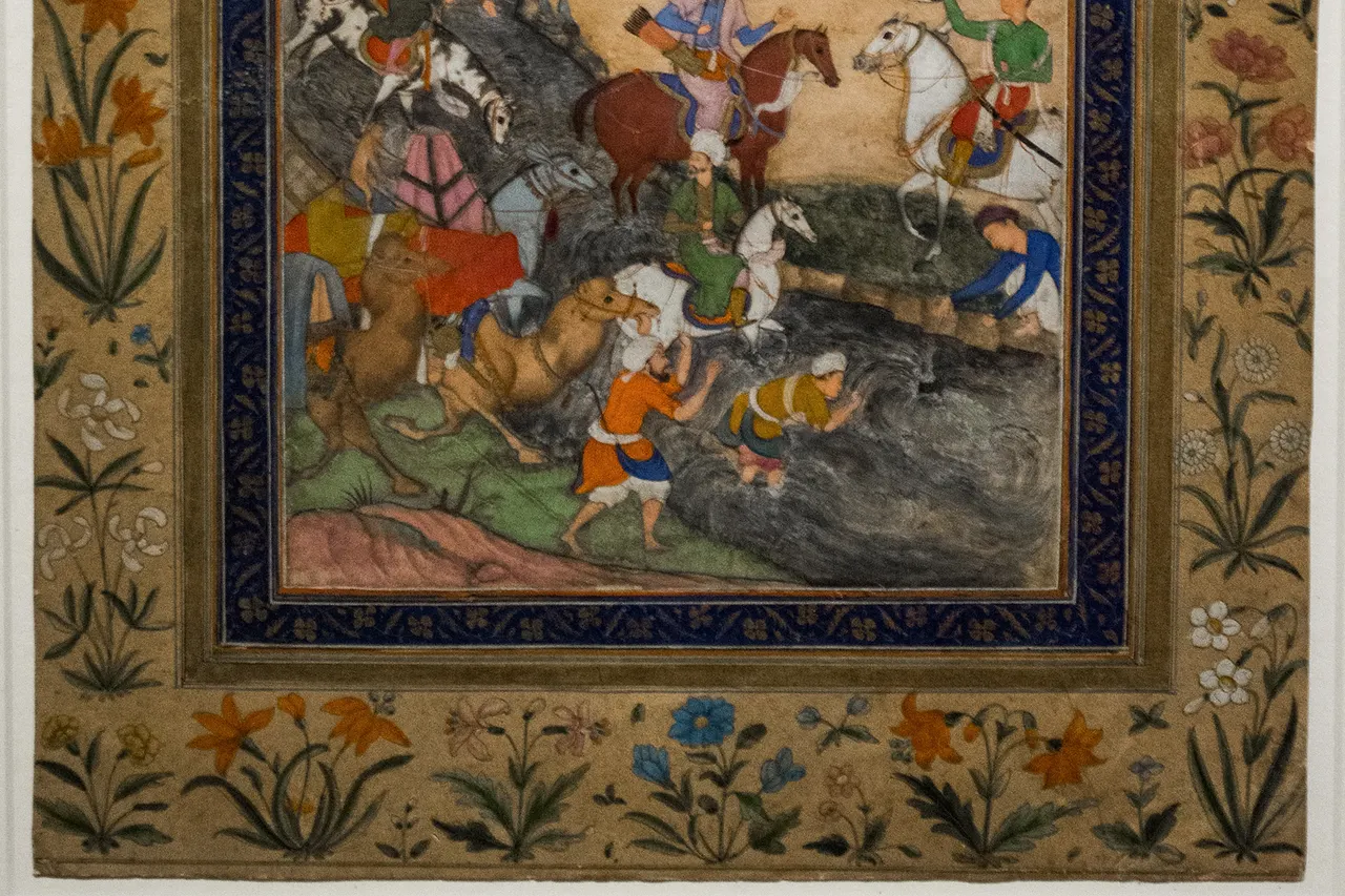 "Babur meeting with Sultan Ali Mirza at the Kohik River", from "The Memoirs of Babur". Watercolor and gold on paper, painted about 1590. Part of the exhibit "Art and Stories of Mughal India" at the Cleveland Museum of Art in Cleveland, Ohio. The Mughal ruler Babur was born in 1483, and came to power in 1494. (His father was tending some pigeons in a dovecote constructed next to a cliff. The foundations gave way, and he plunged to his death in the ravine below.) He lived in Fergana, in the far eastern portion of what is now Uzbekistan. His uncles were eager to replace him, or, barring that, install his younger brother Jahangir on the throne. Moreover, relatives ruled most of the small states surrounding him, and were eager to conquer his small nation. Babur immediately sought allies in his desperate quest for security. One of the first he met with was Sultan Ali Mirza Safavi ("mirza" meaning "prince"), leader of the Safaviyya. Safi-ad-din Ardabili was a Kurdish mystic. Living in Gilan province of Iran on the Caspian Sea beginning in 1276, he started a new school (tariqa) of Islam known as Safaviyya. His teachings emphasized feeding the poor, aiding the weak, communal meals, socializing in a zawiya (lodge), sama (a form of worship that involves singing, playing instruments, dancing, recitation of poetry, prayers, and wearing symbolic attire), and dhikr (short phrases or prayers are repeatedly recited silently or aloud). Safi died in 1334, but he'd established a dynasty that turned militant by 1450. By 1501, the Safavids had conquered all of Persia (modern Iran). They also ruled Afghanistan, Azerbaijan, Armenia, Bahrain, Georgia, Iraq, Kurwait, the North Caucasus, and parts of Pakistan, Syria, Turkey, Turkmenistan, and Uzbekistan. It collapsed in 1722. Sultan Ali Mirza had assumed leadership of the emerging Safavid Empire in 1488. He was leading his people in the conquest of Uzbekistan when Babur met with him. The meeting was an extremely important one, for by aligning with the Safavids Babur would make a military alliance that could help him fend off his jealous relatives and keep his throne secure. As it turned out, Sultan Ali Mirza was assassinated shortly after his meeting with Babur. His son, Ismail I, turned his attention to conquering Persia. Babur allied with Selim I, ruler of the Ottoman Empire, who supplied him with matchlock muskets and artillery. This enabled Babur to begin the conquest of his neighbors. But since these territories were threatened by the Afghans, he had to conquer Afghanistan. And since Afghanistan was threatened by India, into India he went.