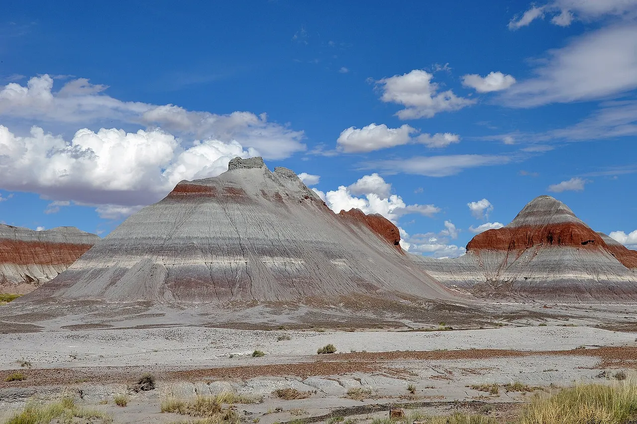 The Tepees in Petrified Forest National Park in northeastern Arizona , United States. View is toward the northwest from the main park road. According to a National Park Service (NPS) document , rock strata exposed in the Tepees area of the park belong to the Blue Mesa Member of the Chinle Formation and are about 220 to 225 million years old. The colorful bands of mudstone and sandstone were laid down during the Triassic , when the area was part of a huge tropical floodplain .