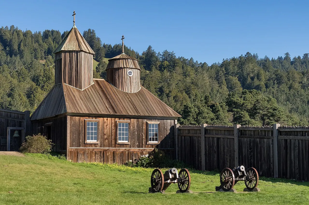 Orthodox Holy Trinity St. Nicholas Chapel at Fort Ross, Sonoma County, California. The chapel is part of the Fort Ross State Historic Park. The chapel was originally built in the mid-1820s and got destroyed in the 1906 earthquake. In 1970, a restored version of the chapel was entirely destroyed in an accidental fire. The photo shows the reconstructed chapel, built in 1973. It continues to be used for Orthodox religious services.