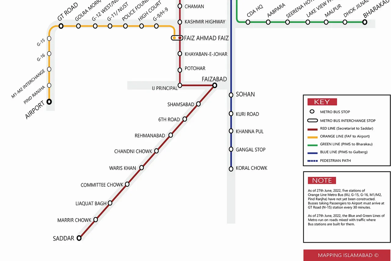 Public transport map of the Rawalpindi-Islamabad Metrobus network. This map is subject to change as future plans are made public.