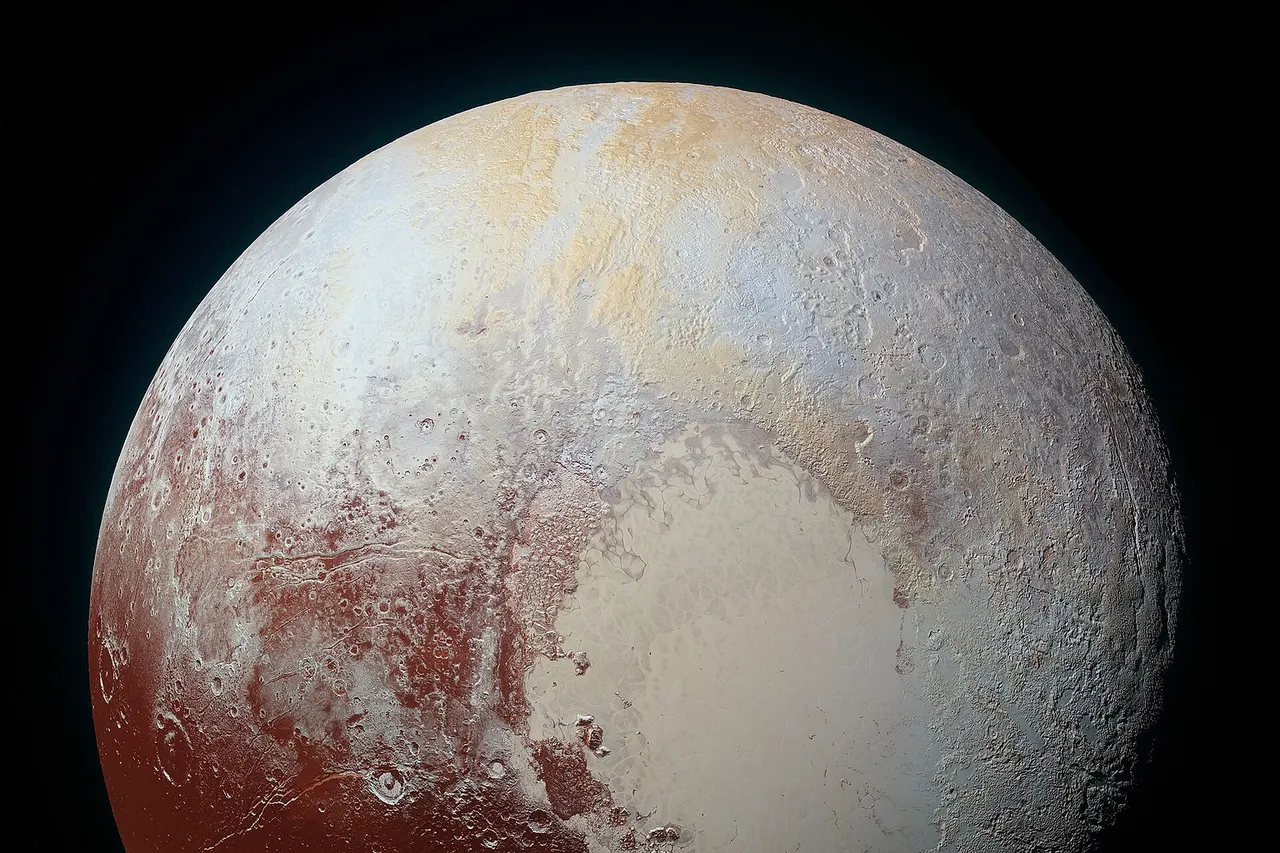 NASA's New Horizons spacecraft captured this high-resolution enhanced color view of Pluto on July 14, 2015. The image combines blue, red and infrared images taken by the Ralph/Multispectral Visual Imaging Camera (MVIC). Pluto’s surface sports a remarkable range of subtle colors, enhanced in this view to a rainbow of pale blues, yellows, oranges, and deep reds. Many landforms have their own distinct colors, telling a complex geological and climatological story that scientists have only just begun to decode. The image resolves details and colors on scales as small as 0.8 miles (1.3 kilometers). The viewer is encouraged to zoom in on the image on a larger screen to fully appreciate the complexity of Pluto’s surface features. caption link The story of the processing of the image is given here . Note: feature names given in annotations are provisional.