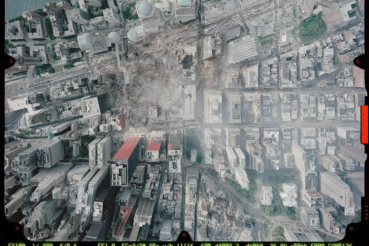 Remains of the World Trade Center complex in downtown New York City, United States, after the September 11 attacks . Image taken by NOAA 's Cessna CitationJet on September 23, 2001, from an altitude of 3,300 ft (1,005 m) using a Leica/LH systems RC30 camera.