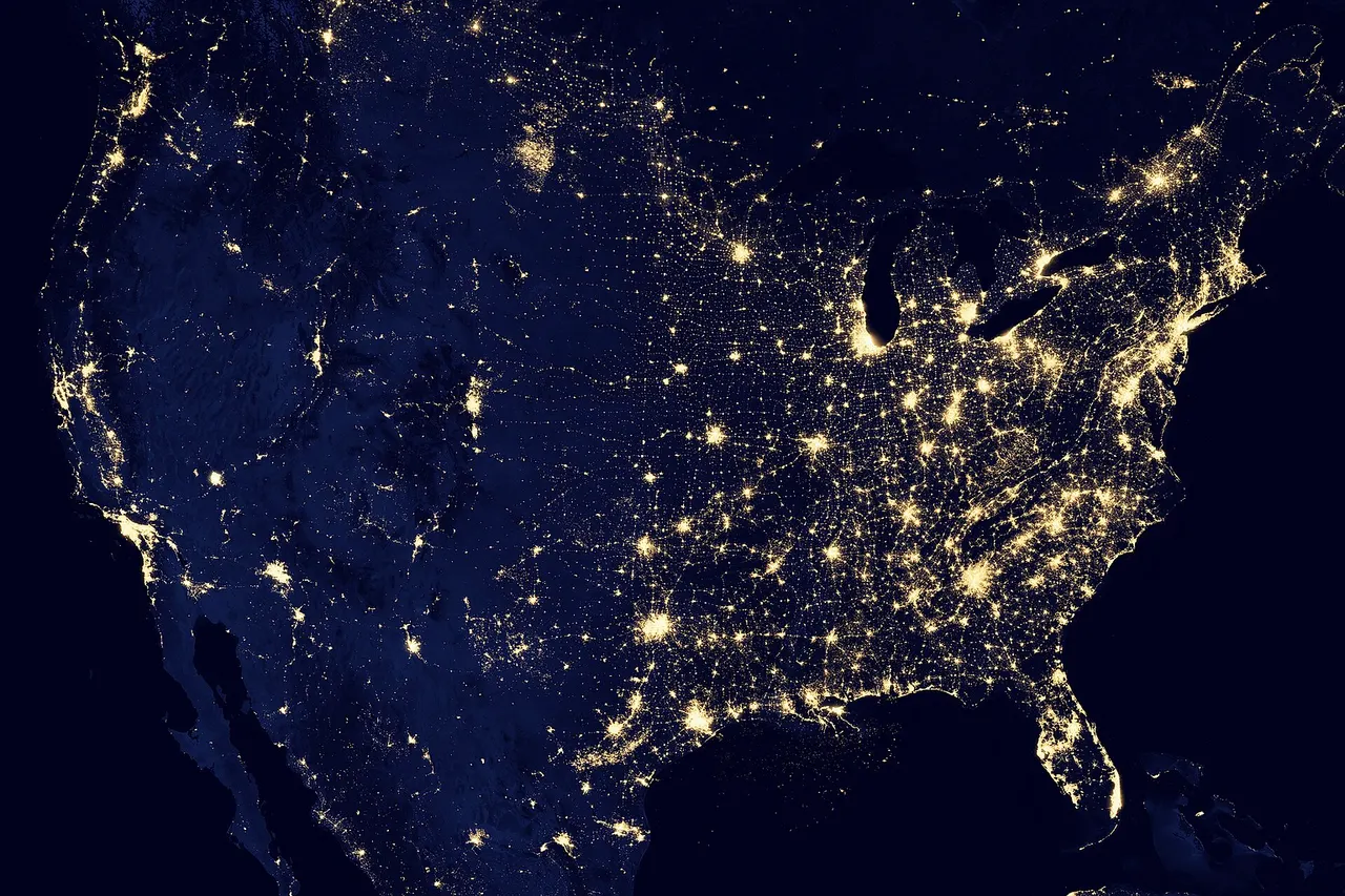 NASA image acquired April 18 - October 23, 2012 This image of the United States of America at night is a composite assembled from data acquired by the Suomi NPP satellite in April and October 2012. The image was made possible by the new satellite’s “day-night band” of the Visible Infrared Imaging Radiometer Suite (VIIRS), which detects light in a range of wavelengths from green to near-infrared and uses filtering techniques to observe dim signals such as city lights, gas flares, auroras, wildfires, and reflected moonlight. Instrument: Suomi NPP - VIIRS Projection: Albers equal-area conic, WGS84 datum, standard parallels 29.5°N and 44.5°N, central meridian 96°W, origin latitude 23°N On this image one pixel is (737.19 × 737.19)m²