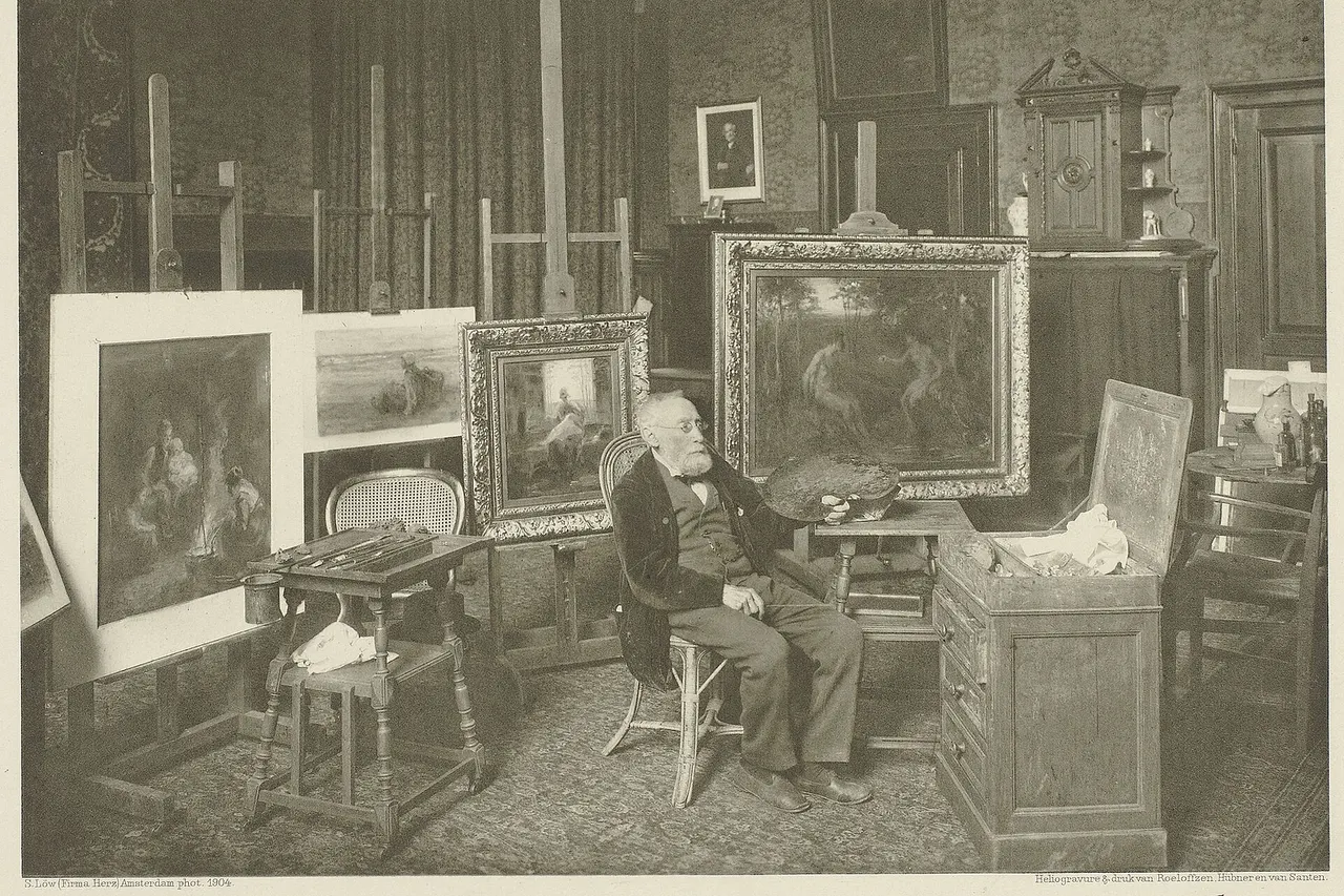 Identificatie Titel(s): Portret van Jozef Israëls in zijn atelier. Serie 1 No 1 (serietitel) Objecttype: fotomechanisch procedé foto Objectnummer: RP-F-00-20 Omschrijving: Jozef Israels Vervaardiging Vervaardiger: fotograaf: Sigmund Löw, drukker: Hübner & Van Santen Roeloffzen, fotograaf: Atelier Herz Datering: 1904 Fysieke kenmerken: papier op karton Materiaal: papier karton Techniek: heliogravure Afmetingen: afbeelding: h 228 mm × b 287 mm Onderwerp Wat: portrait, self-portrait of artist, historical person portrayed alone (Jozef Israëls) Wie: Jozef Israëls Verwerving en rechten Copyright: Publiek domein