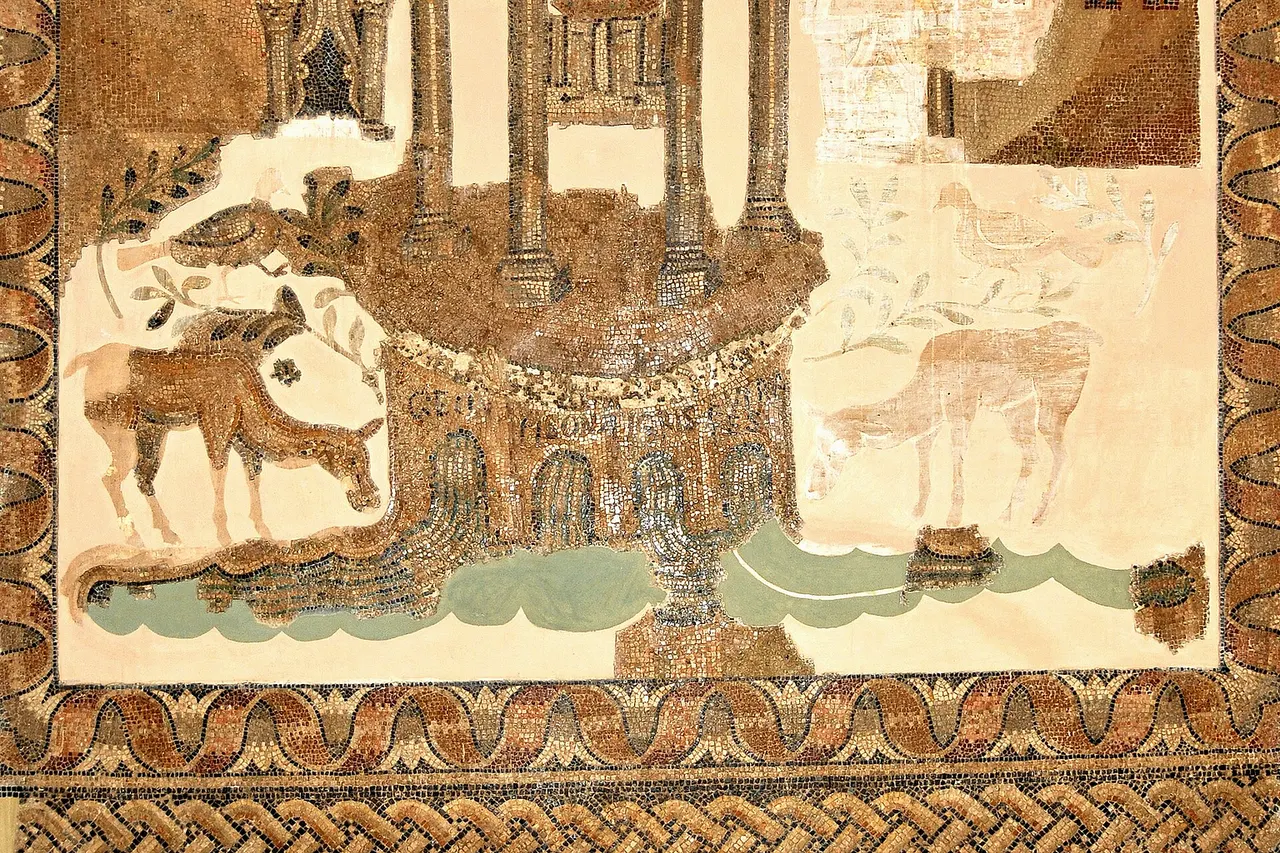 The mosaic of the Most Holy Sepulcher and the memorial of Golgotha in Jerusalem. At the forefront, the dome of Golgotha, erected at the site of the crucifixion of Jesus Christ, whence flow the four rivers of Paradise: the Geon = Gihon, the Fison = Pishon, the Tigris and Euphrates, referring to the Word (the four gospels) and from which sheep, figurating the faithful, are drinking. In the backdrop, the Holy Sepulcher with its door ajar, is surrounded by two buildings, symbolizing Bethlehem and Jerusalem. Source: threshold of the martyrdom erected in honour of Jesus Christ at the church of lunch - Younga (region of Mahres-Tunisia); early 6th century AD.